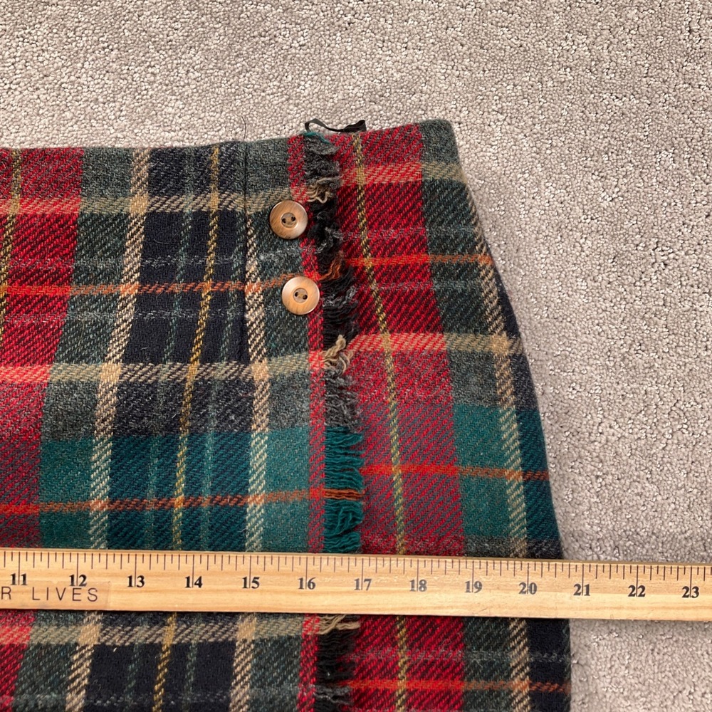 Talbots Skirt Womens 14 Red Green Plaid Wrap Button Fringe Preppy‎ Straight Wool - Picture 5 of 8